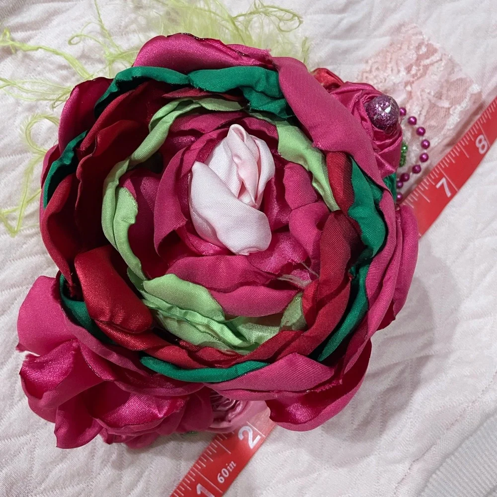 Oversized satin hair bow flower headband satin feather pearl & lace pink green